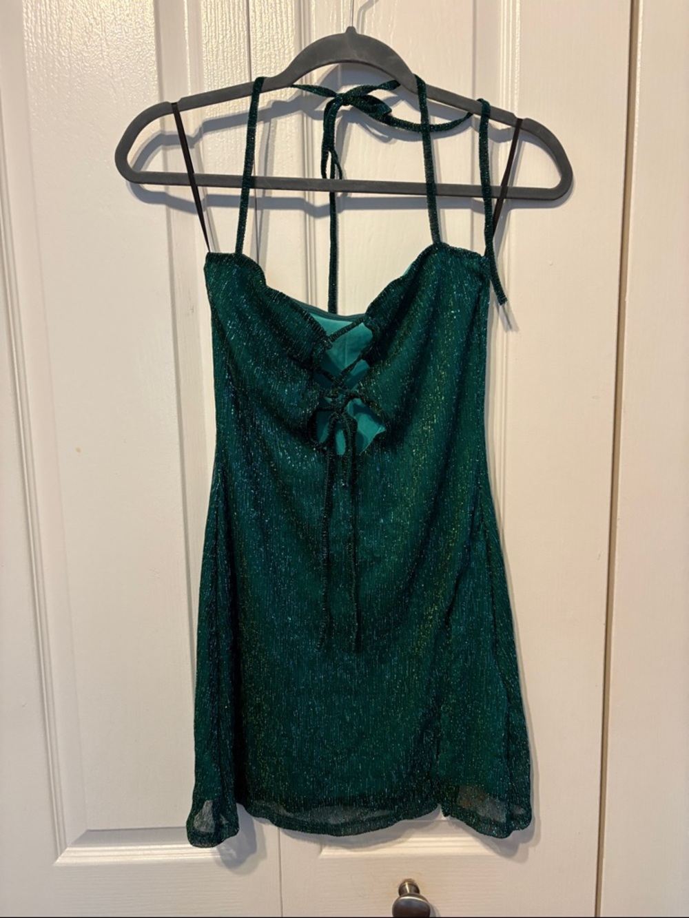 Women's Emerald Green Shimmer Halter Mini Dress
